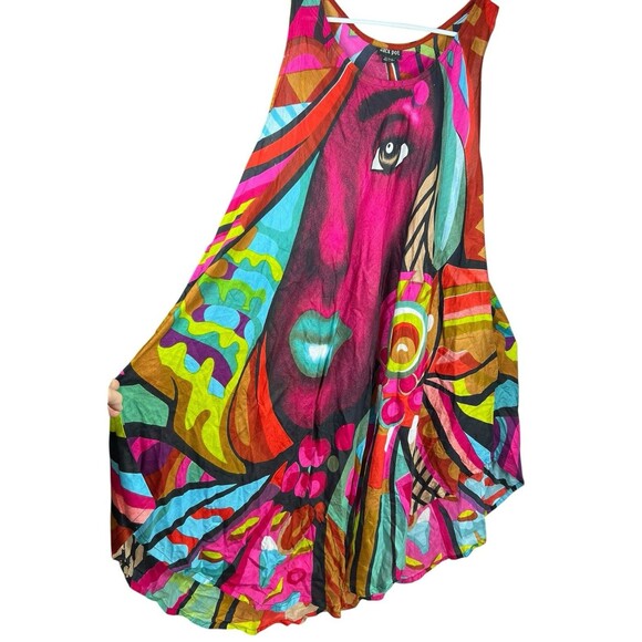 Jack Pot Abstract Art Dress OS Rayon Handkerchief Hem Colorful Graphic Face Boho - Picture 2 of 14